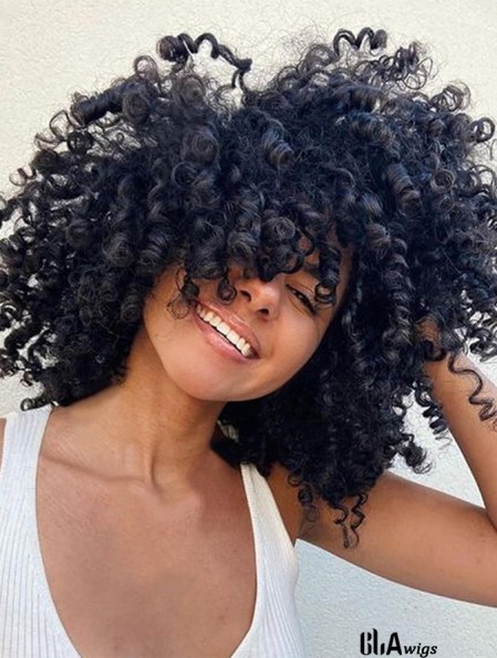 Curly Wigs with Bangs for Black Women Kinky Curly Synthetic Hair Heat Resistant 12 Inch