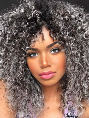 Curly Wigs for White Women Kinky Curly Afro Wig with Bangs Ombre Gray Color Synthetic