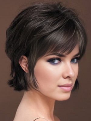 Naturally Straight Human Hair Wig With Bangs Capless Short Length Black Color