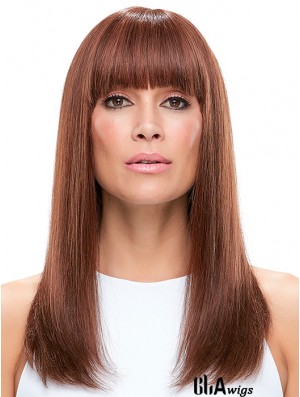 100% Hand Tied Auburn Long Straight With Bangs Wigs For Women