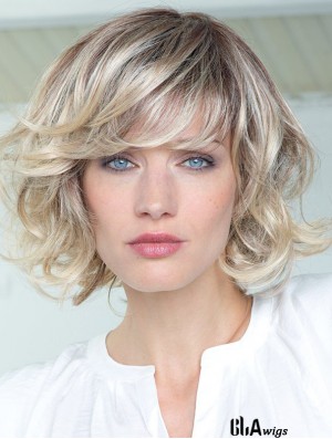 Human Hair Curly Wigs With Bangs Monofilament Shoulder Length Blonde Color