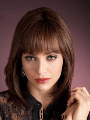 Light Auburn Human Wigs With Bangs Capless Straight Style Shoulder Length