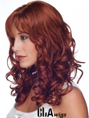 16 inch Red Remy Human Curly Long With Bangs Monofilament Wig Sale UK