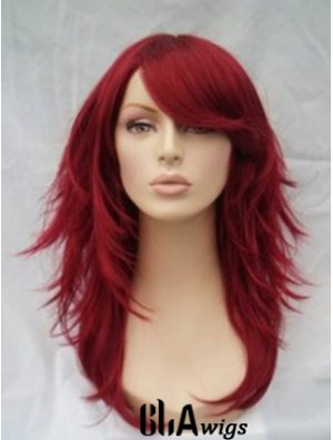 Red Human Hair Wigs Full Wig With Bangs Wavy Style Shoulder Length