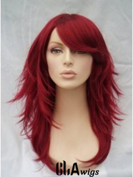 Red Human Hair Wigs Full Wig With Bangs Wavy Style Shoulder Length