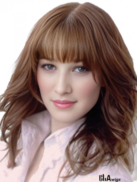 Wavy Human Hair Wig Medium Auburn Color Shoulder Length With Bangs