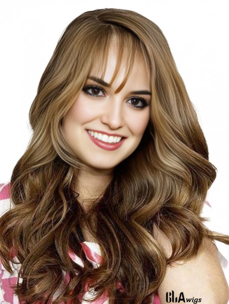 Full Head Human Hair Brown With Bangs Wavy Style