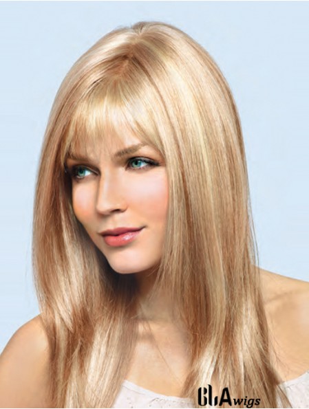 16 inch Blonde Remy Human Straight With Bangs Hand Tied Lace Wigs