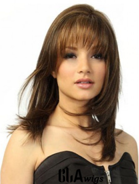 Straight Long Medium Brown Human Hair Wig Layered Cut With Capless