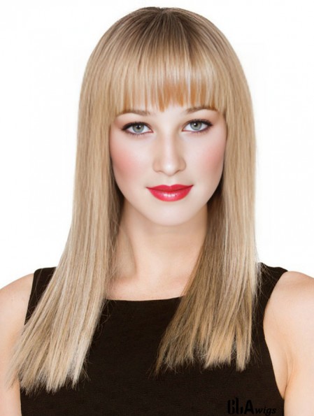 Blonde Long Human Hair Monofilament Wigs With Fringe With Bangs For Women