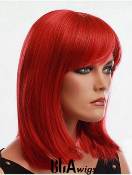 Human Hair Red Wig With Bangs Capless Red Color Straight Style