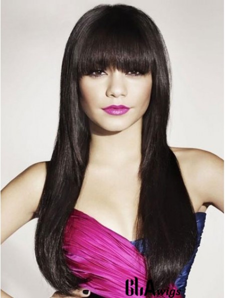 Black Human Hair With Bangs Long Length Straight Style