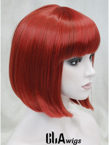 Human Hair Lace Front Wig Chin Length With Bangs Red Color