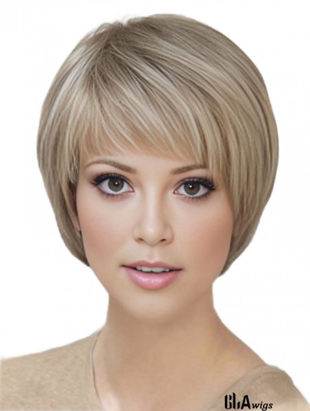 Blonde Short Straight With Bangs Monofilament Wigs