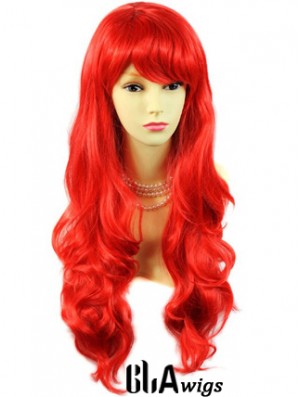 Hot Sale Human Hair Long Wavy With Bangs 24 Inches Red Wigs 