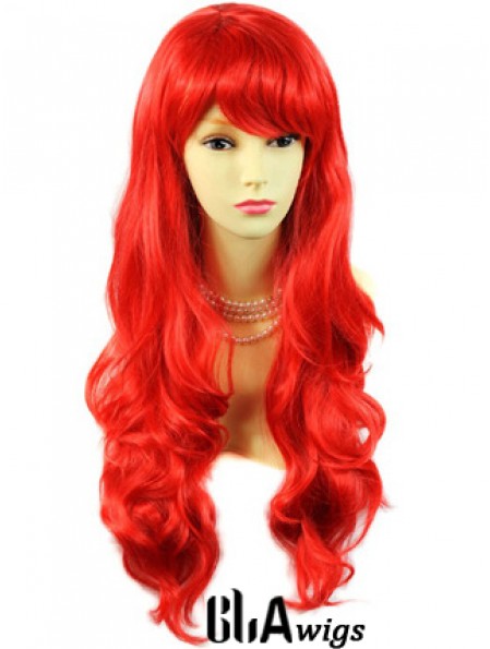 Hot Sale Human Hair Long Wavy With Bangs 24 Inches Red Wigs 