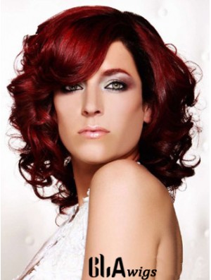 Curly With Bangs Shoulder Length Red Ideal Lace Front Wigs