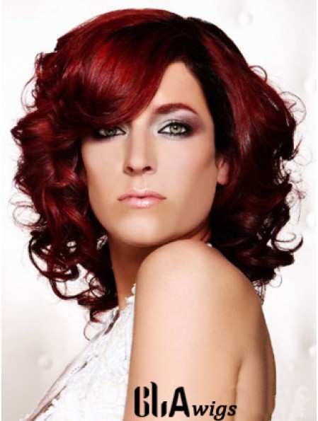 Curly With Bangs Shoulder Length Red Ideal Lace Front Wigs