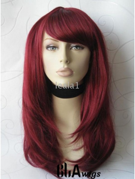 Front Lace Wig With Bangs Long Length Straight Style Red Color