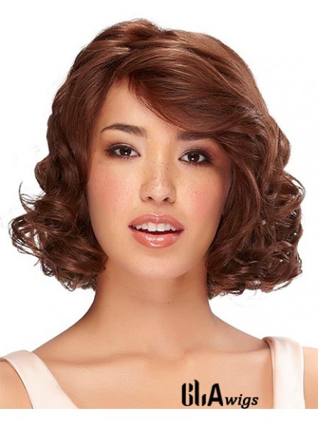 Chin Length Auburn Curly With Bangs Monofilament Wig Human