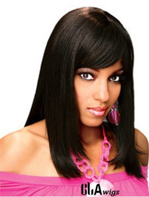 Full Human Hair Wigs With Bangs Full Lace Shoulder Length Black Color