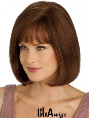 Real Hair Long Bob Wigs With Monofilament Straight Style Auburn Color