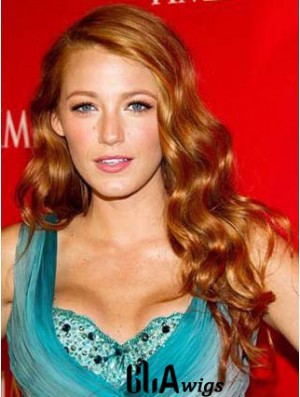 Without Bangs Durable Wavy Auburn Long Human Hair Lace Front Blake Lively Wigs