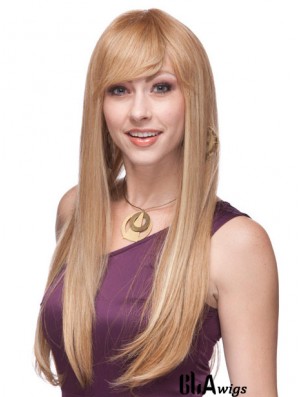 Straight With Bangs Monofilament Blonde Top Long Wigs