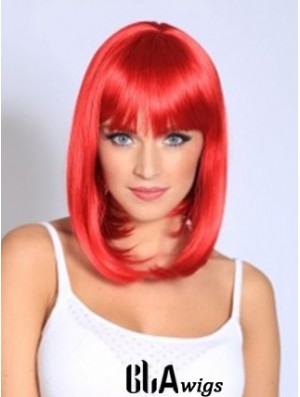 Straight With Bangs Shoulder Length Red Fashionable Lace Front Wigs