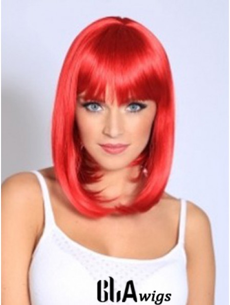 Straight With Bangs Shoulder Length Red Fashionable Lace Front Wigs