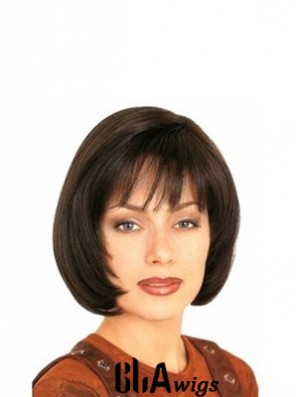 With Bangs Durable Straight Brown Chin Length Human Hair Wigs