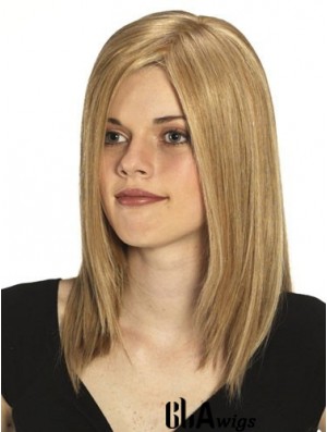 Without Bangs No-Fuss Straight Blonde Long Human Hair Wigs