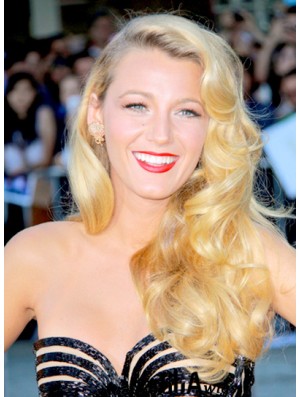 Perfect Blonde Long Wavy 24 inch Without Bangs Celebrity Lace Blake Lively Wigs