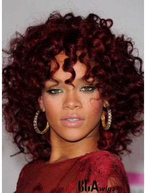 Rihanna Red Color Shoulder Length Kinky Style Layered Cut For African American Women