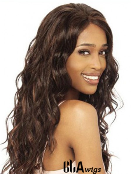 Without Bangs Modern Wavy Brown Long Human Hair Lace Front Wigs