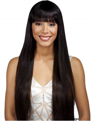 Long Black With Bangs Yaki Fashionable Full Lace Wigs