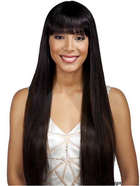 Long Black With Bangs Yaki Fashionable Full Lace Wigs