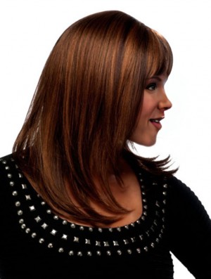 Best Auburn Shoulder Length Straight With Bangs 18 inch Human Hair Wigs