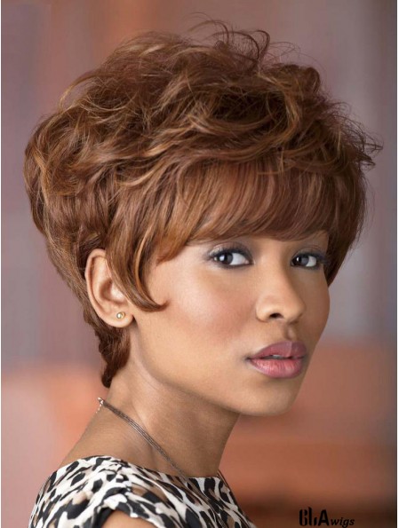 Short Brown Wavy With Bangs Suitable African American Wigs