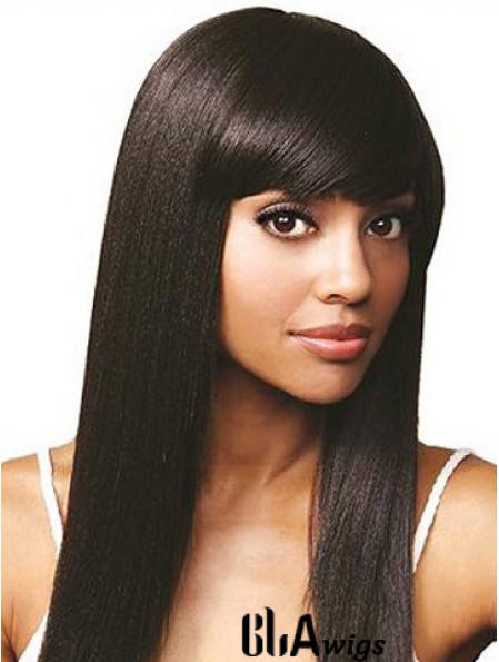 With Bangs Online Straight Black Long Human Hair Lace Front Wigs