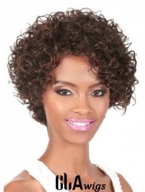 Chin Length Brown Curly With Bangs Natural African American Wigs