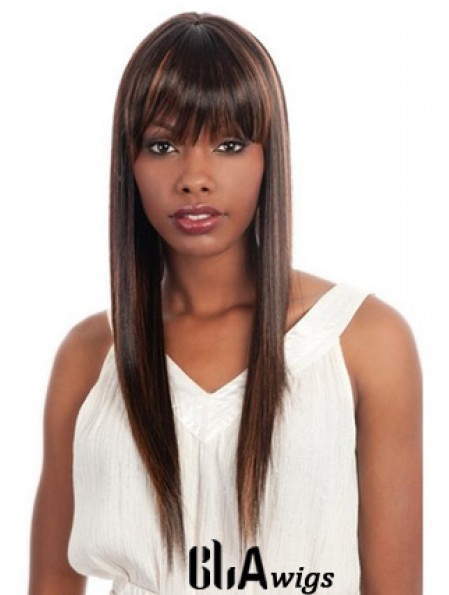 Long Brown Yaki With Bangs Fashionable African American Wigs