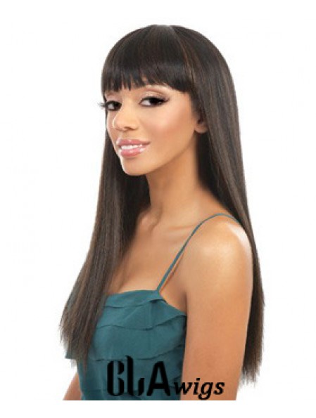 Long Brown Yaki With Bangs Durable African American Wigs