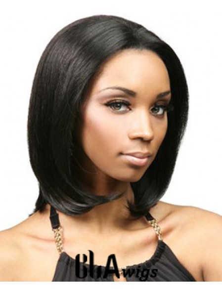 Without Bangs No-Fuss Yaki Black Chin Length Human Hair Lace Front Wigs
