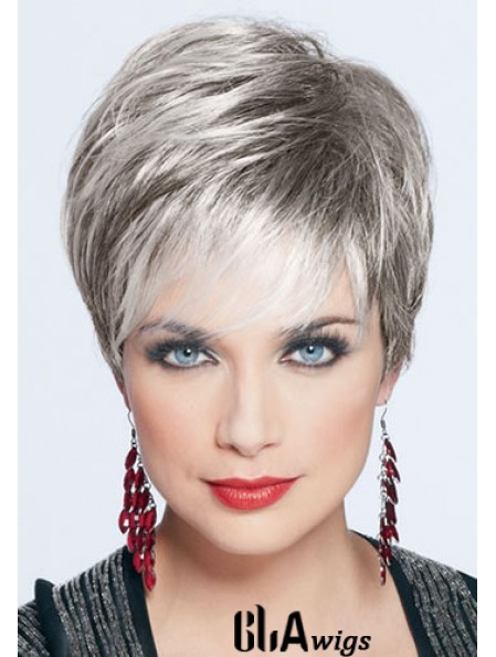 Short Grey Wig With Monofilament Synthetic Straight Style Cropped Length