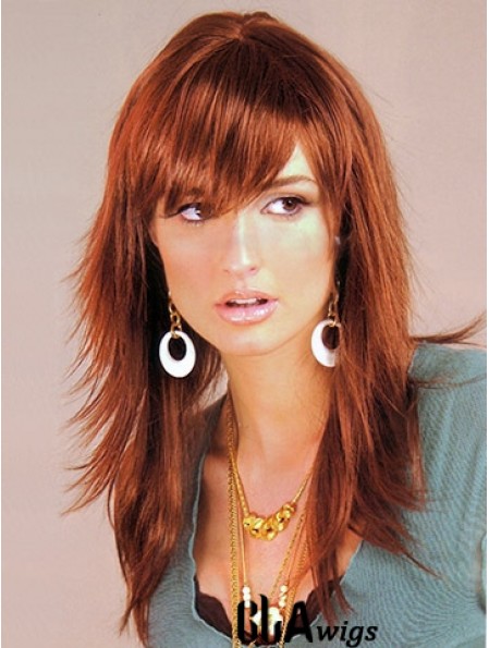 Auburn Color Capless Long Length Layered Cut With Bangs Synthetic Wigs