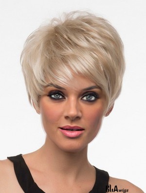 Short Synthetic Wigs With Bangs Blonde Color Straight Style