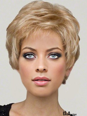 Lace Wig Synthetic Hair Boycuts Short Length Wavy Style Blonde Color