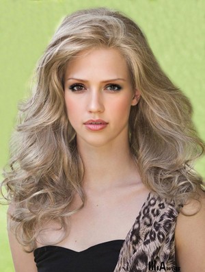 Designed Blonde Long Without Bangs Wavy Glueless Lace Front Wigs