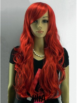 24 inch Wavy With Bangs Capless Red Affordable Long Wigs